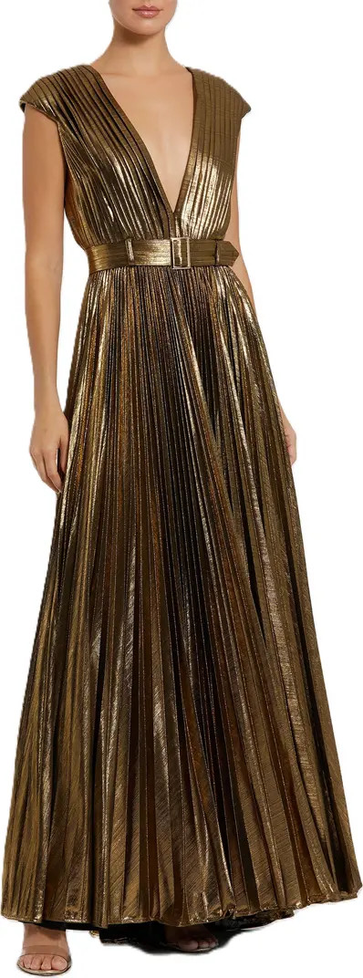 Pleated Metallic Jersey Gown With Belt | Nordstrom