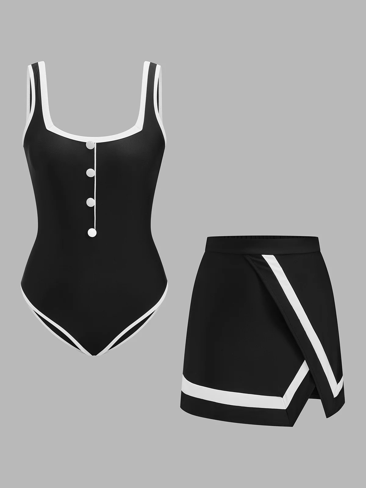 Contrast Trim One Piece Swimsuit & Skirt Set | Commense