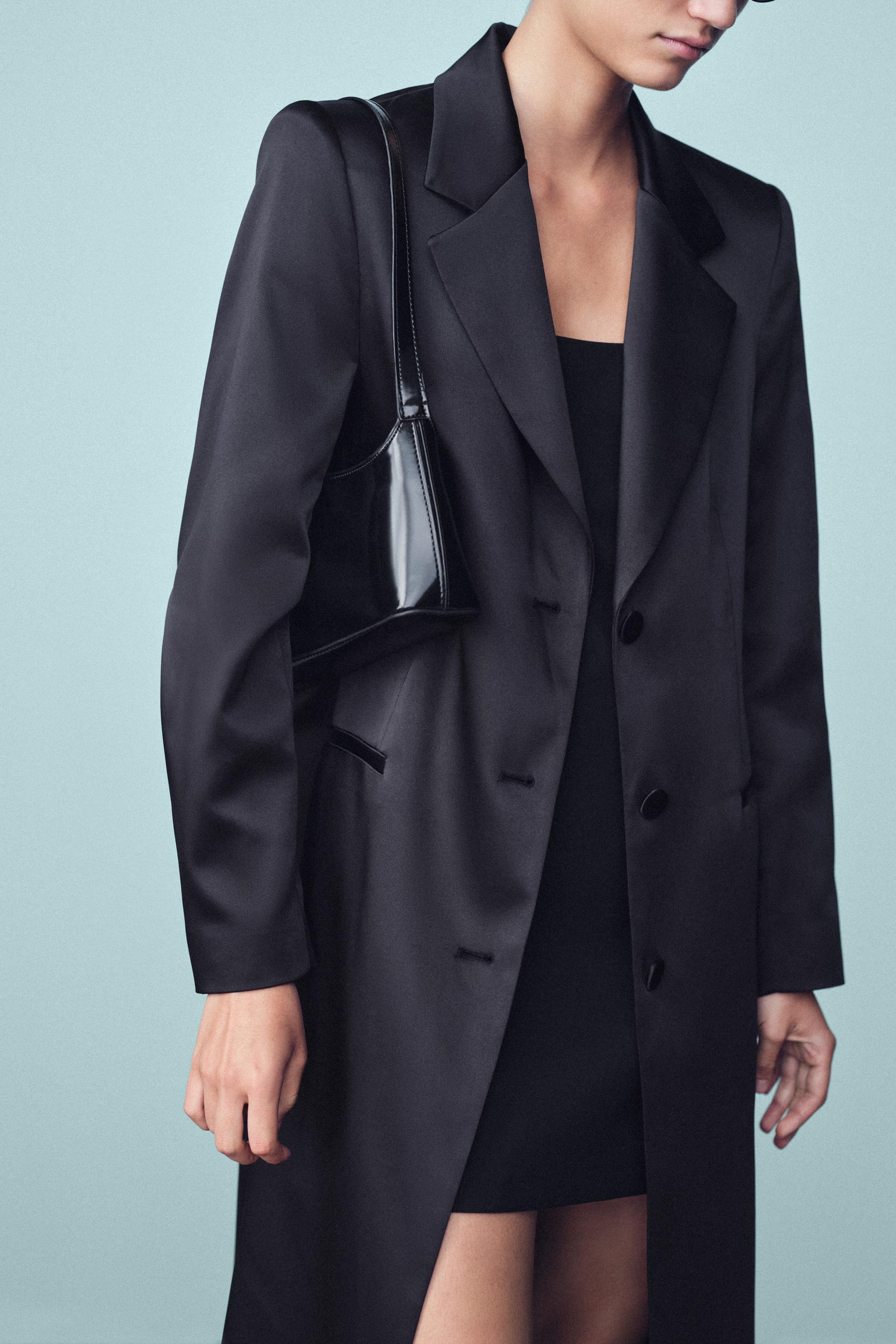 Zara - Satin Shoulder Pad Coat - Black - M - Woman | Zara US