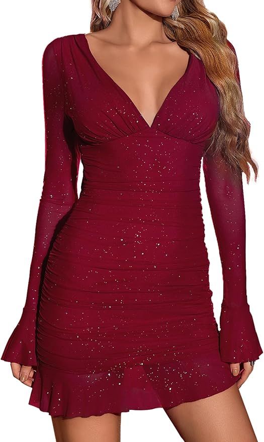 VKIHOC Women's V Neck Sheer Long Sleeve Mini Dress Sequin Ruched Bodycon Cocktail Party Dresses | Amazon (US)