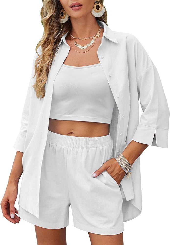 Zeagoo Women Linen Sets 2 Piece Tracksuit Summer Outfits Beach Linen Shirt Elastic Waist Casual S... | Amazon (US)