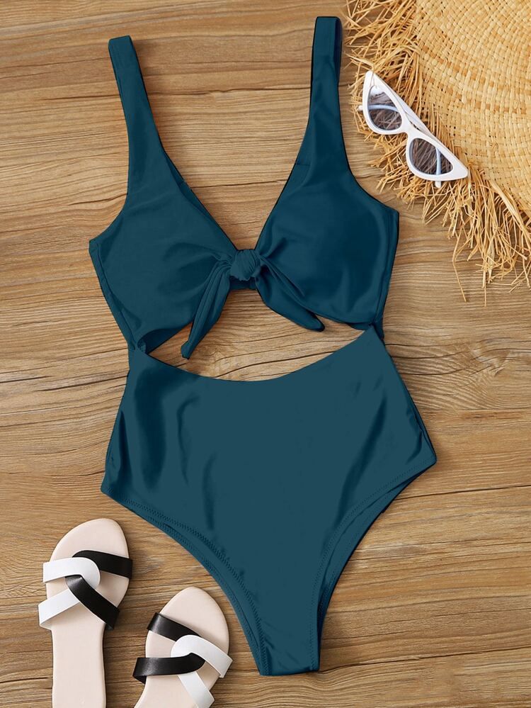 Knot Front Cut-out One Piece Swimsuit | SHEIN