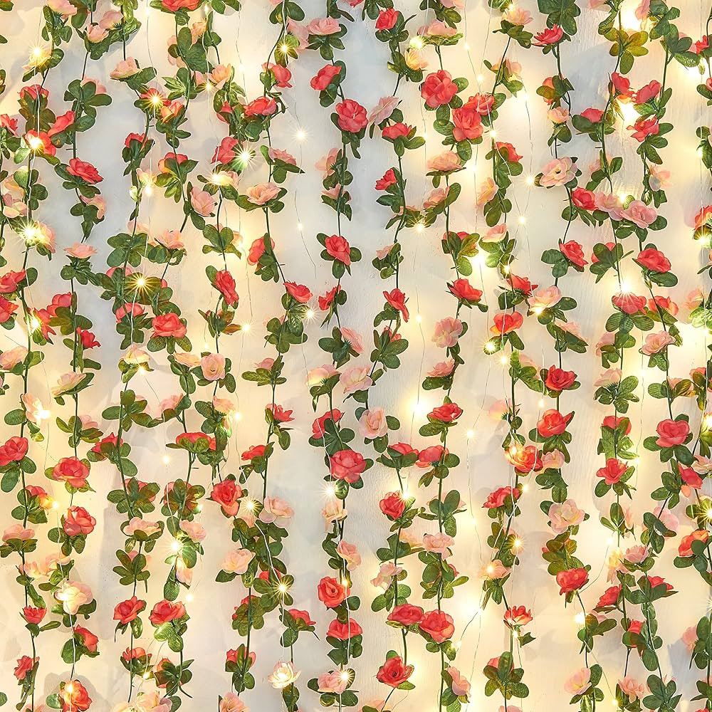 BLEUM CADE 5Pcs 41Ft Flower Garland Artificial Rose Vines with 32.8Ft String Lights, Cute Fake Ha... | Amazon (US)
