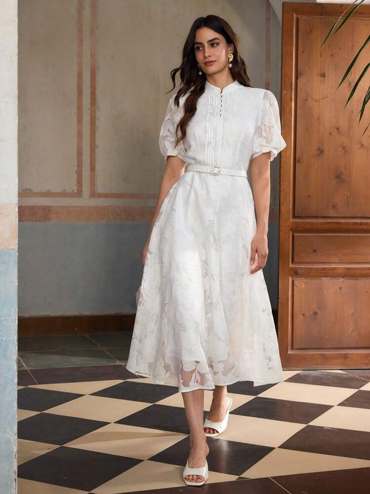 ZEYLAH Elegant Waist Belt Decor Long Sleeve Dress | SHEIN