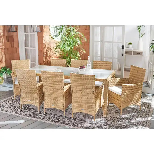 SAFAVIEH Outdoor Hailee 9-Piece Wicker Dining Set - Natural/White Cushion | Bed Bath & Beyond