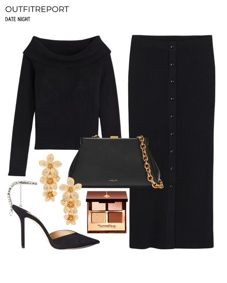 Date night outfit in jimmy choo heels black off shoulder top black knit maxi skirt 

#LTKshoecrush #LTKstyletip #LTKitbag