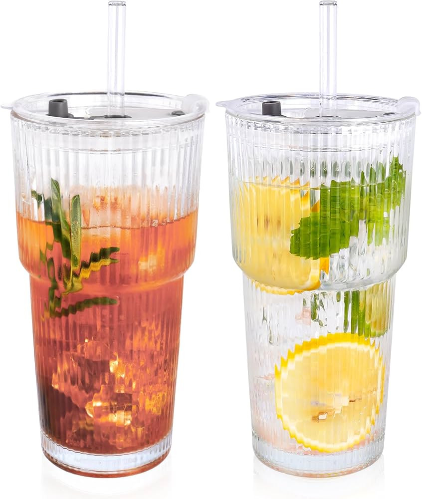 2PCS 20oz Glass Cups with Lids and Straws, Iced Coffee Cups with Lids, Stylish Ribbed Thick Drink... | Amazon (US)