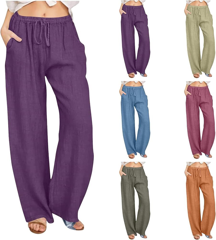 SHOPESSA Linen Pants Women Summer Drawstring Linen Wide Leg Pants High Waisted Palazzo Pants with... | Amazon (US)