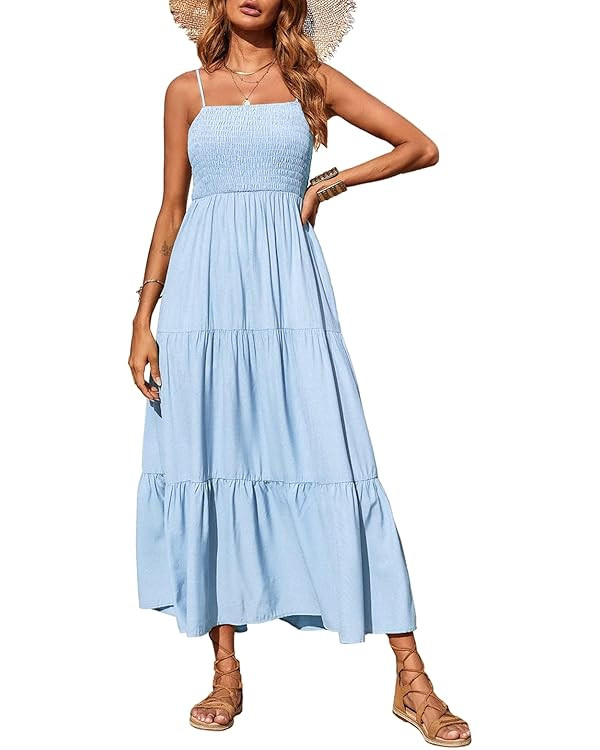PRETTYGARDEN Women's Summer Maxi Dress 2025 Casual Boho Sleeveless Spaghetti Strap Smocked Tiered... | Amazon (US)