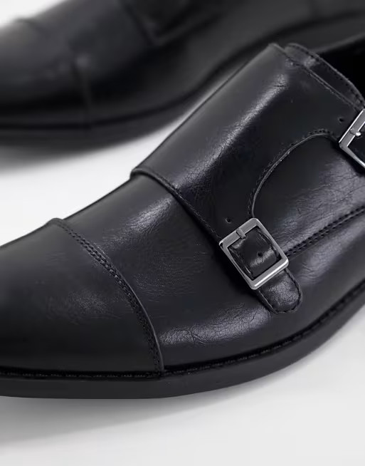ASOS DESIGN monk shoes in black faux leather with emboss panel | ASOS (Global)