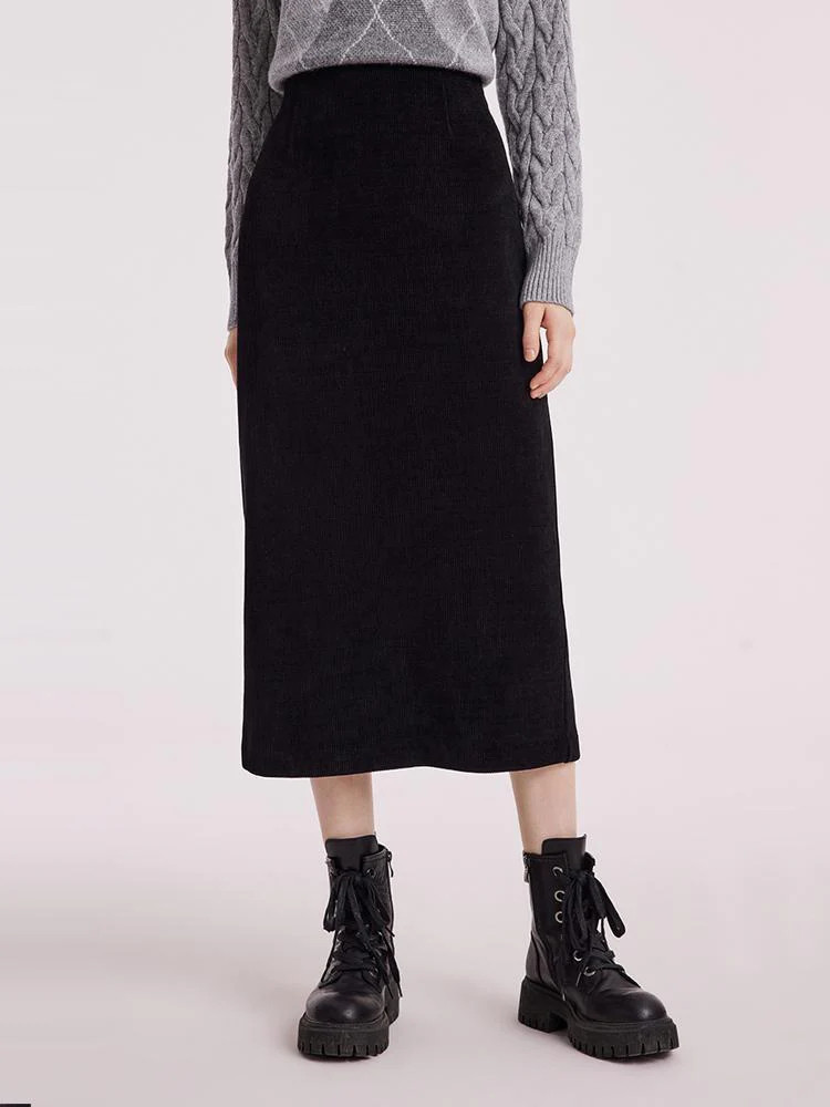 Black Straight Knitted Slit Women Skirt - Black / XXL | GOELIA