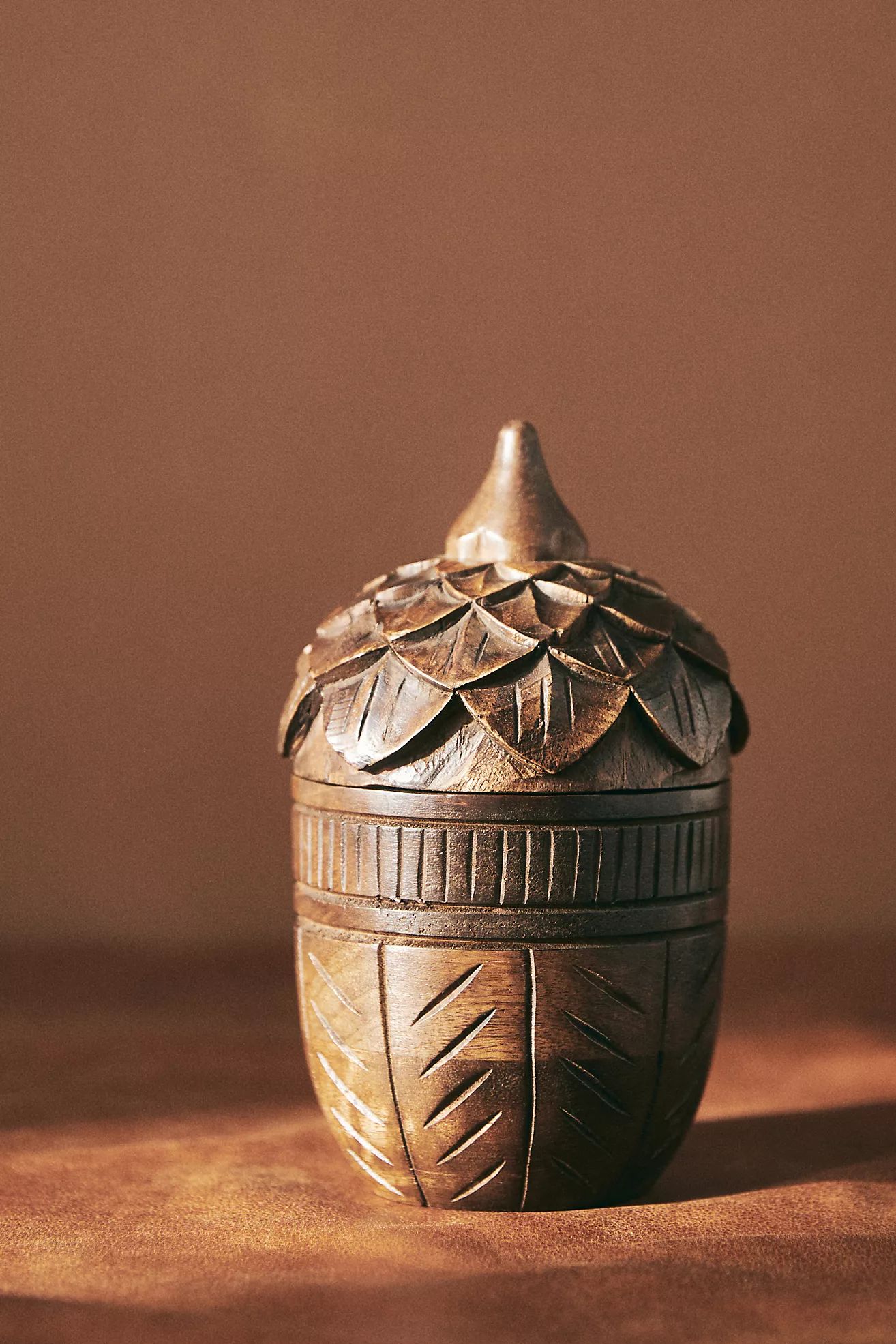 Large Leather & Leaves Wooden Acorn Candle | Anthropologie (US)