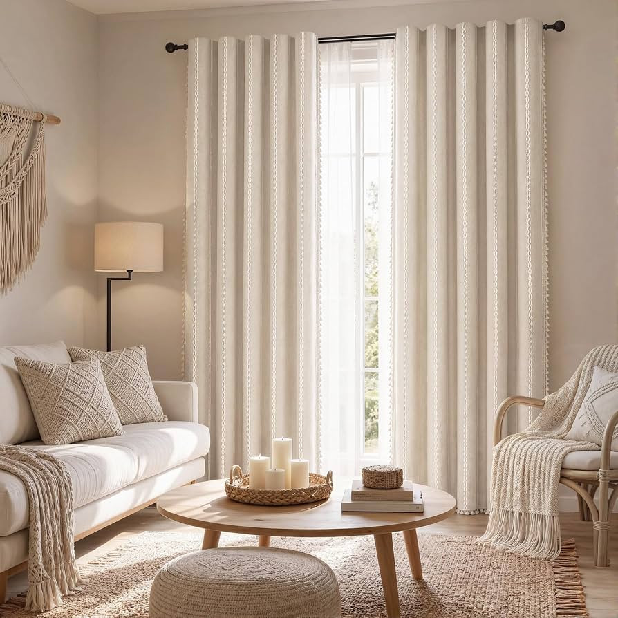 Boho 100% Blackout Curtains 84 Inch 2 Panels Linen Blend Beige | Amazon (US)