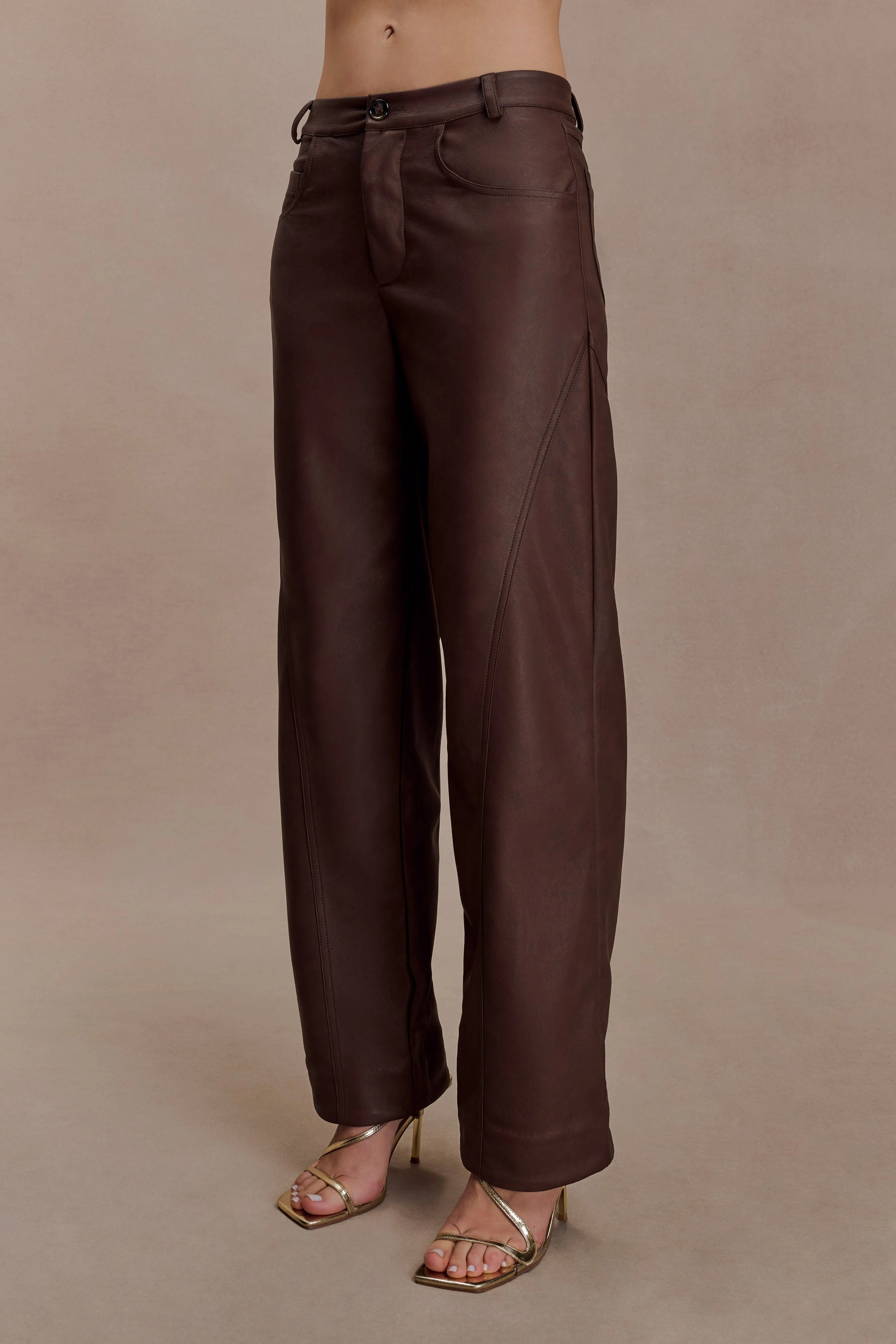 Faux Leather Mid Rise Pants - Dark Chocolate | MESHKI US