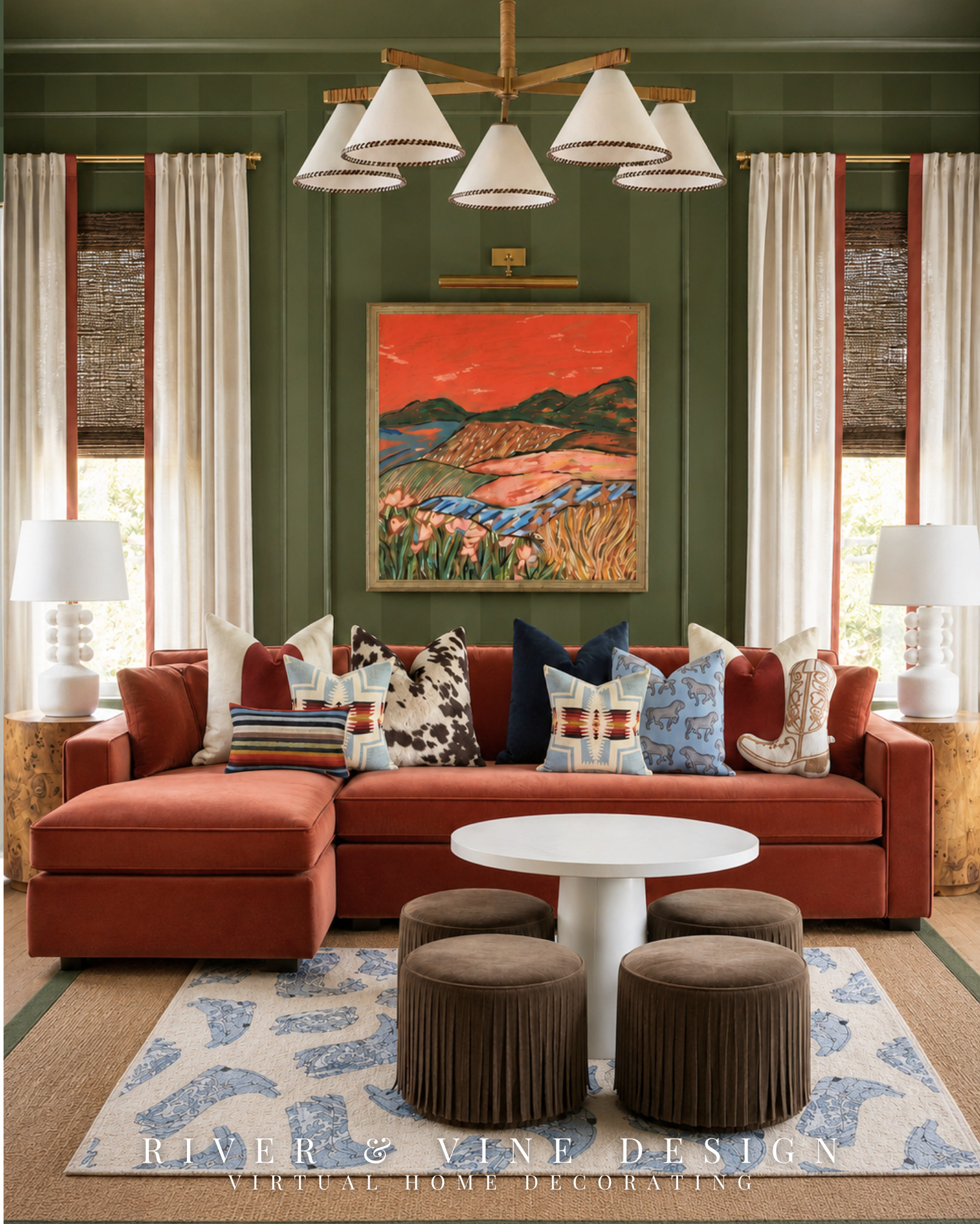 A colorful playroom can feel playful without looking like every toy aisle landed in the same room.

The trick is repeating a limited palette instead of matching every pattern. Rust, olive green, navy and pale blue appear across the sectional, artwork, pillows and cowboy boot rug, allowing stripes, animal prints and Western details to live together without feeling chaotic. The full-size sectional and flexible stools also make this a space the entire family can actually enjoy—not just the kids.

Which detail makes this playroom for you: the boot rug, striped walls or rust sectional?

colorful playroom ideas, modern Western playroom, family playroom design, rust sectional sofa, cowboy boot area rug, olive green playroom, stylish kids playroom, Western home decor

I may receive a commission from purchases made through my links.
 

 #LTKHome #LTKKids
