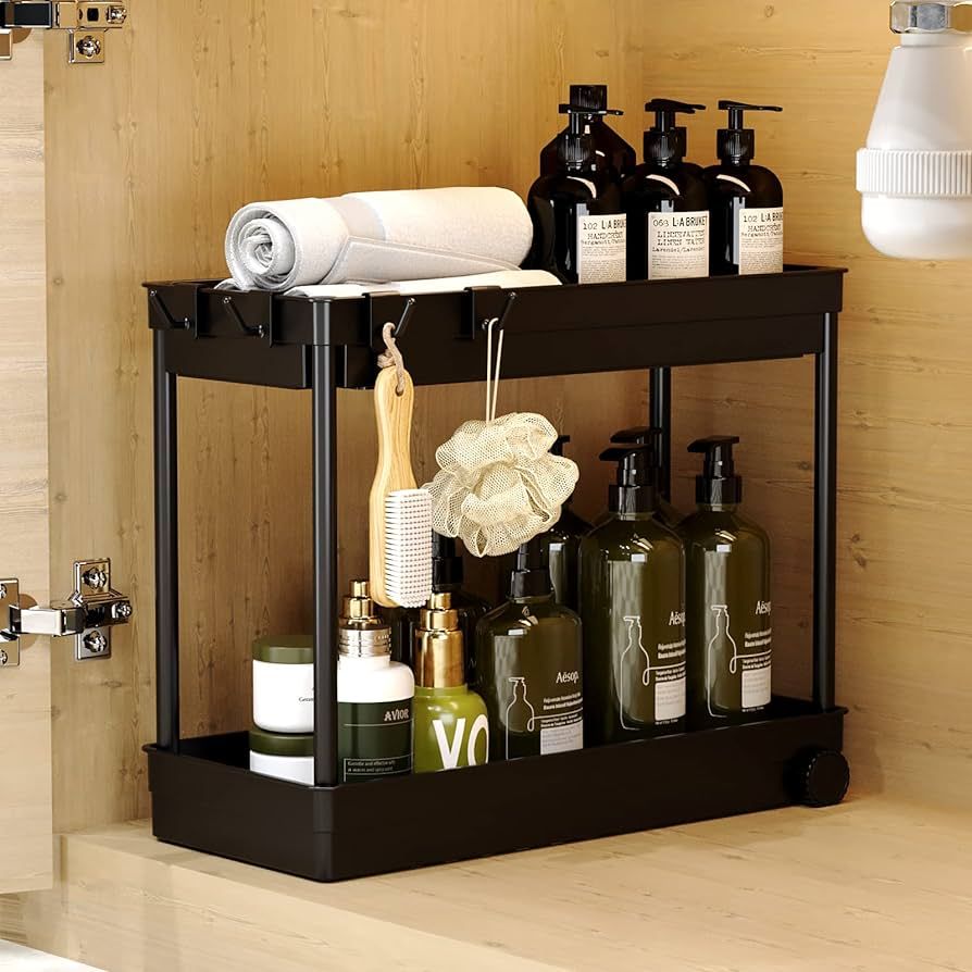 Under Sink Organizer, 2 Tier Under Bathroom Cabinet Storage, Black Counter Organizer with Hooks, ... | Amazon (CA)