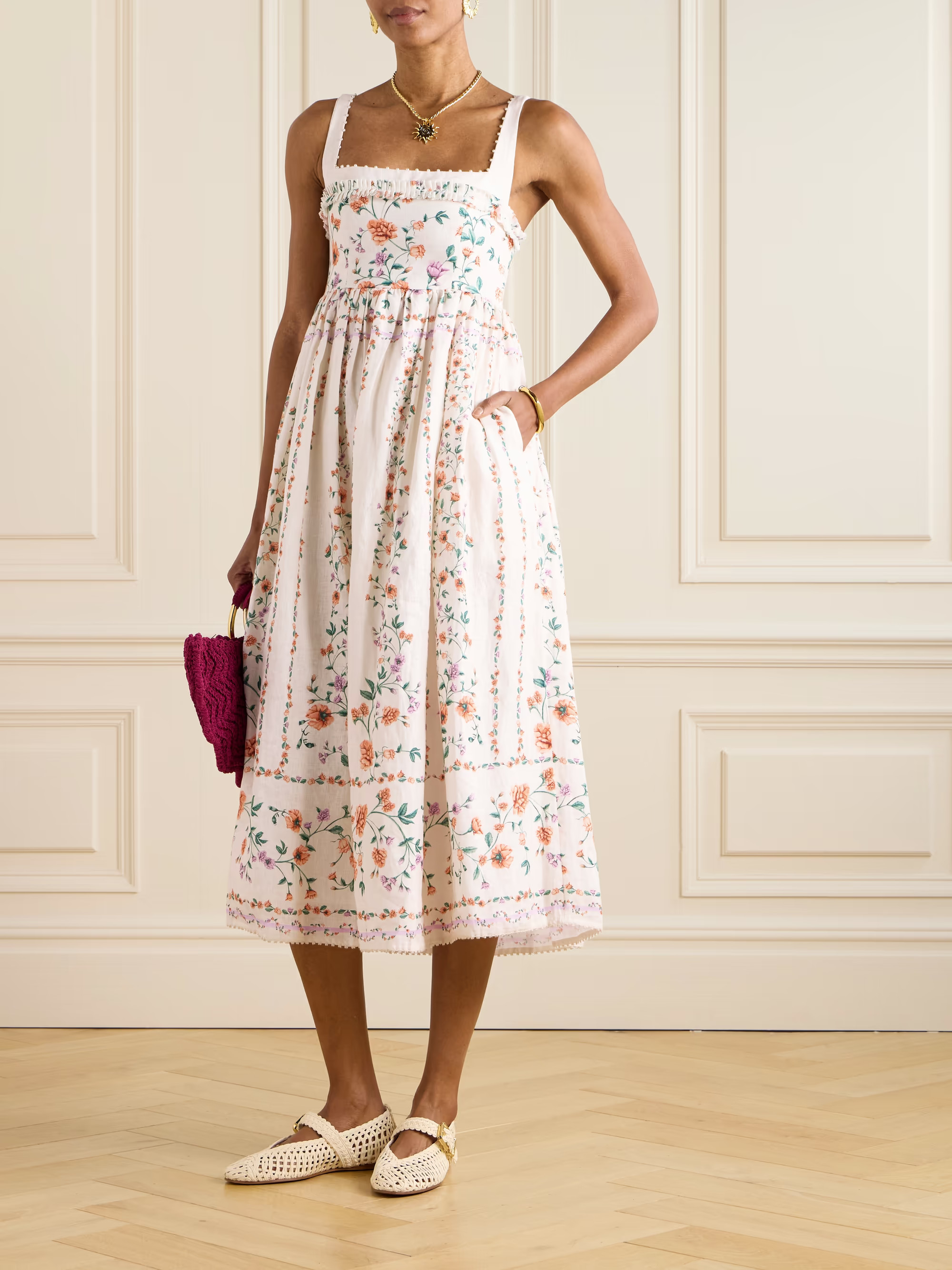 Barbara pleated bead-embellished floral-print linen midi dress | NET-A-PORTER (US)