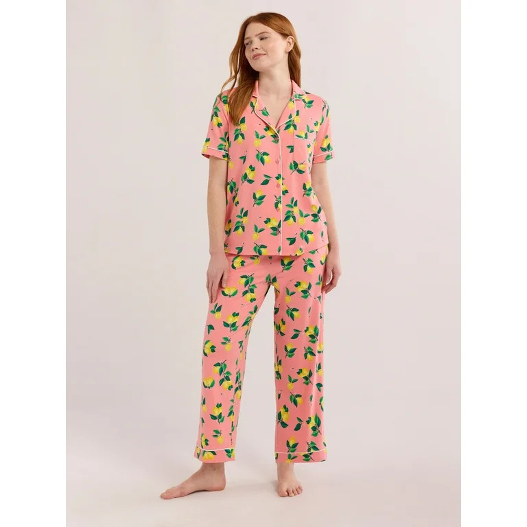 Joyspun Women's Dreamy Soft Collection Notch Collar Short Sleeve Knit Top & Capri Pajama Set, 2-P... | Walmart (US)