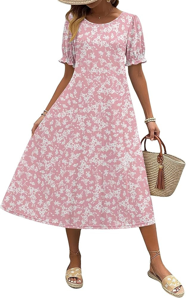 Zeagoo Womens Summer Dress Casual Midi Dresses 2026 Short Puff Sleeve Flare Dress Pleated Flowy S... | Amazon (US)