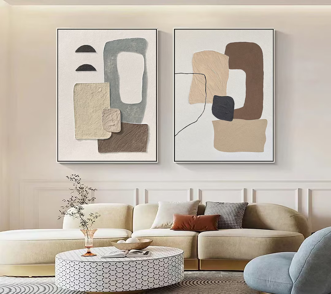 Set of 2 3d textured wall art beige white 3d abstract painting on canvas neutral color wall art p... | Etsy (US)