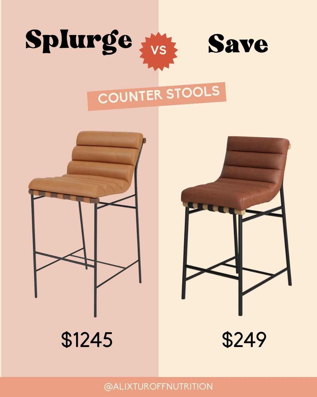 Splurge vs save counter stools.
The higher-end version is $1,245 per stool, but I went with the $249 option. I own them and have been impressed with the quality for the price. 

 #LTKHome #LTKSaleAlert