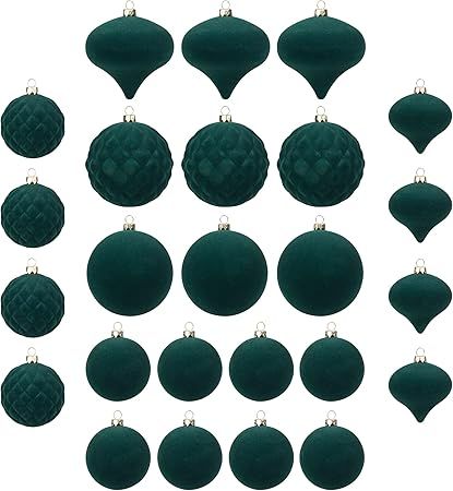 KI Store Velvet Dark Green Christmas Balls 25pcs Shatterproof Flocked Christmas Tree Ornaments As... | Amazon (US)