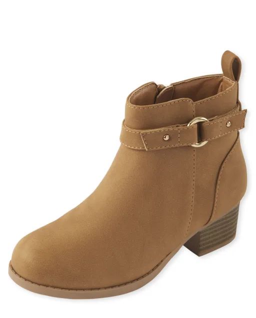Girls Faux Leather Heel Buckle Booties | The Children's Place  - TAN | The Children's Place