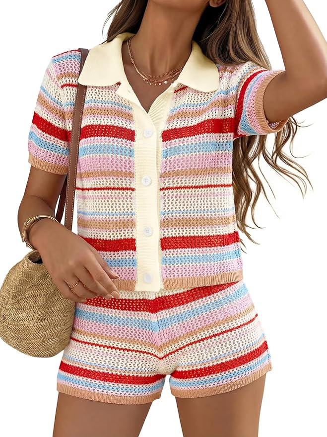Tankaneo Womens 2 Piece Sweater Shorts Sets Knit Color Block Summer Outfits Short Sleeve Tops Cov... | Amazon (US)