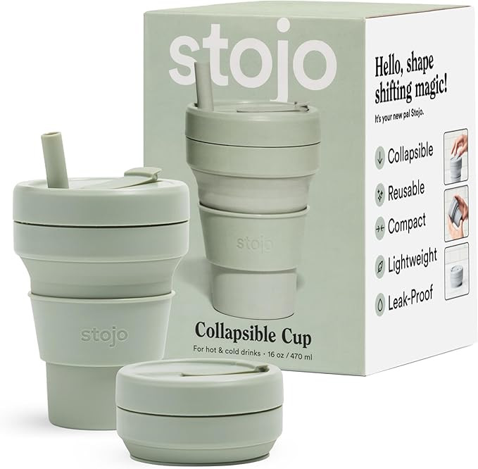 STOJO Collapsible Travel Cup With Straw - Sage Green, 16oz / 470ml - Reusable To-Go Pocket Size S... | Amazon (US)