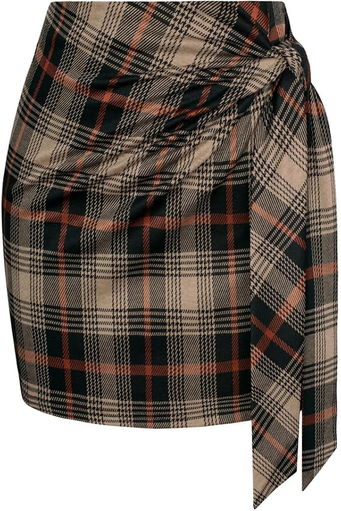 Kate Kasin Women's Plaid Skirt Elastic High Waist Bow Tie Stretch Bodycon Pencil Mini Skirts | Amazon (US)