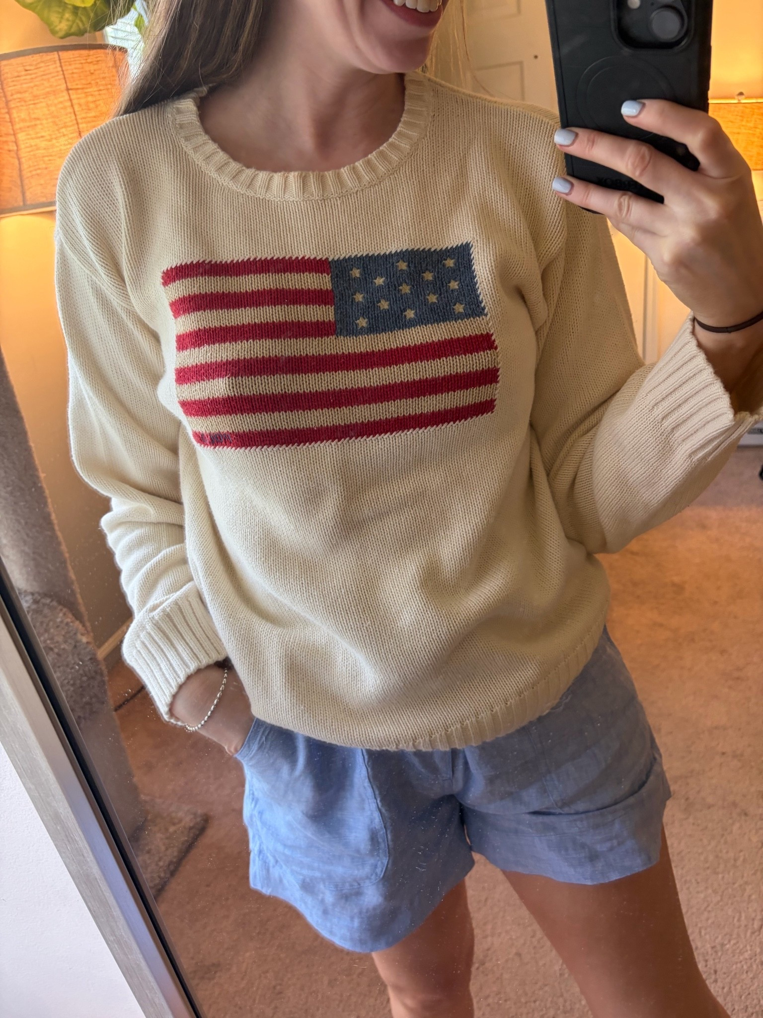 American flag sweater and linen shorts outfit! 
Fourth of July outfit 
Casual summer outfit 
Quince

#LTKSeasonal