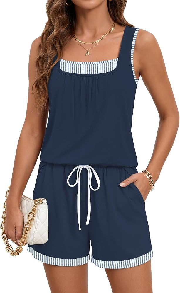 SAUKOLE Two Piece Sets for Women Summer Lounge Short Sets Square Neck Sleeveless Sweatsuit with P... | Amazon (US)