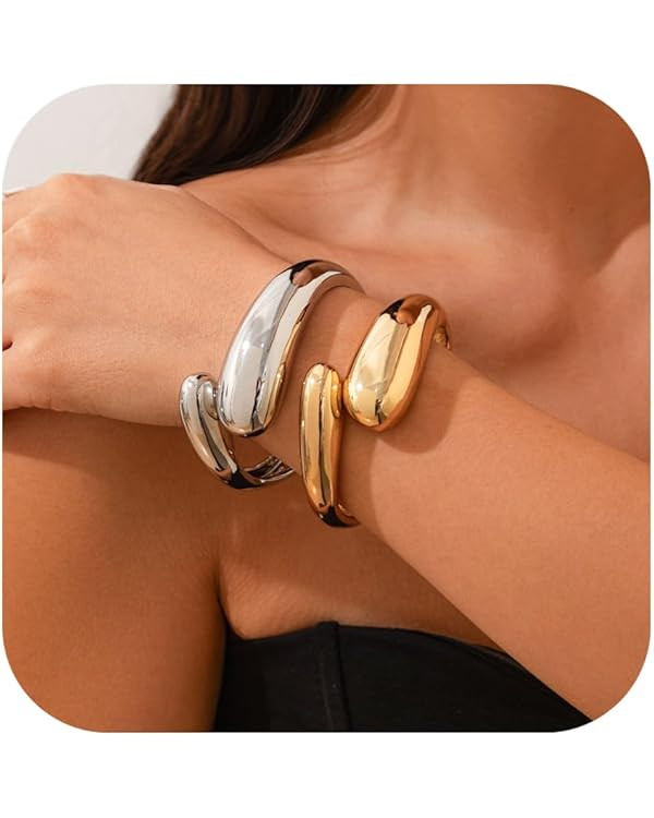 Gold Bangle Bracelets for Women Chunky Cuff Bracelet 18K Gold Plated Open Teardrop Bangle Set Wid... | Amazon (US)