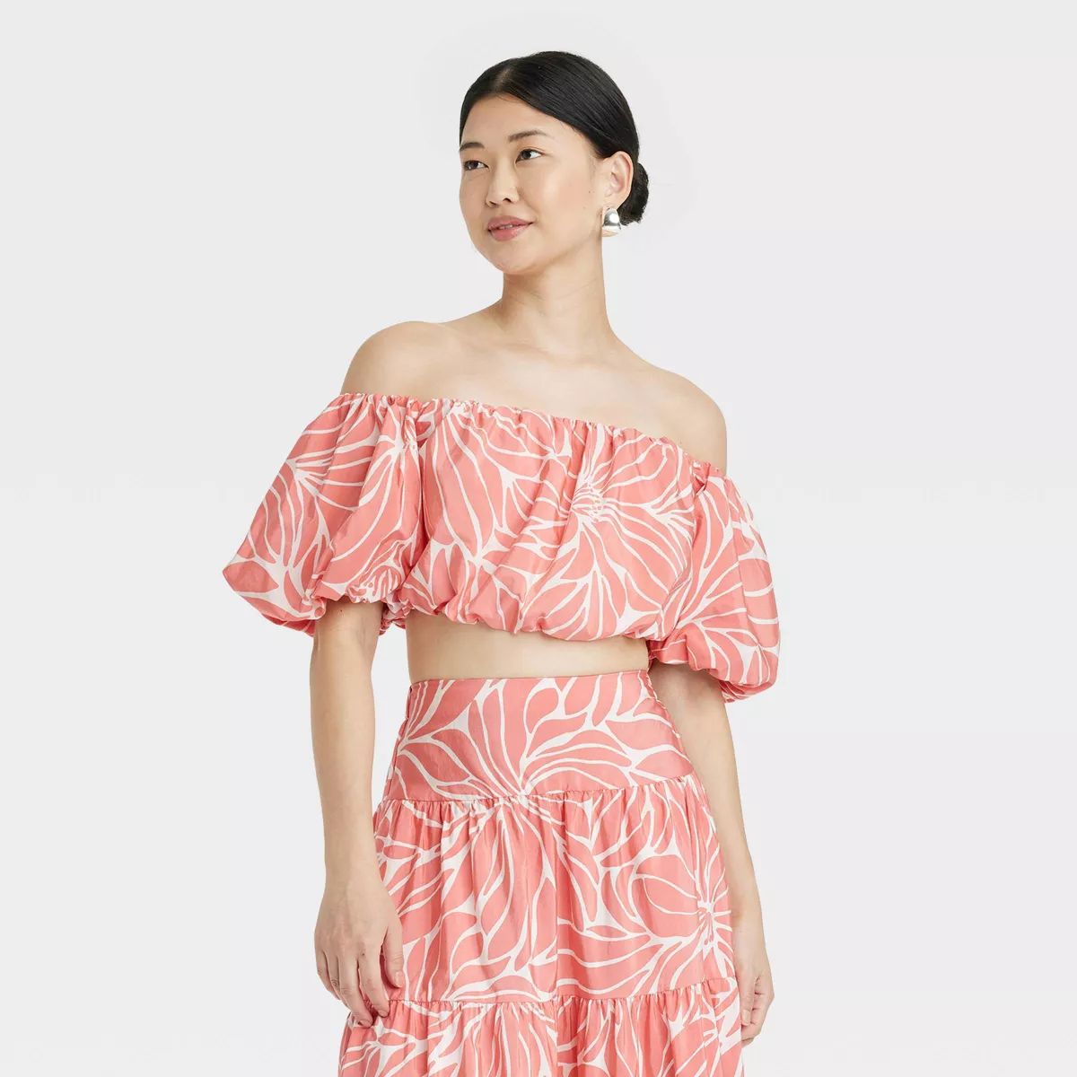 Women's Balloon Off the Shoulder Blouse - A New Day™ Coral/White L | Target
