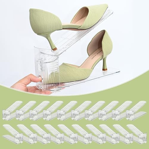 TENTONUP Clear Shoe Slots Organizer for Closet, 20-Pack Adjustable Shoe Stacker, Space-Saving Shoe Rack for Small Spaces, Double Deck Shoe Storage Organizer (Transparent) | Amazon (US)