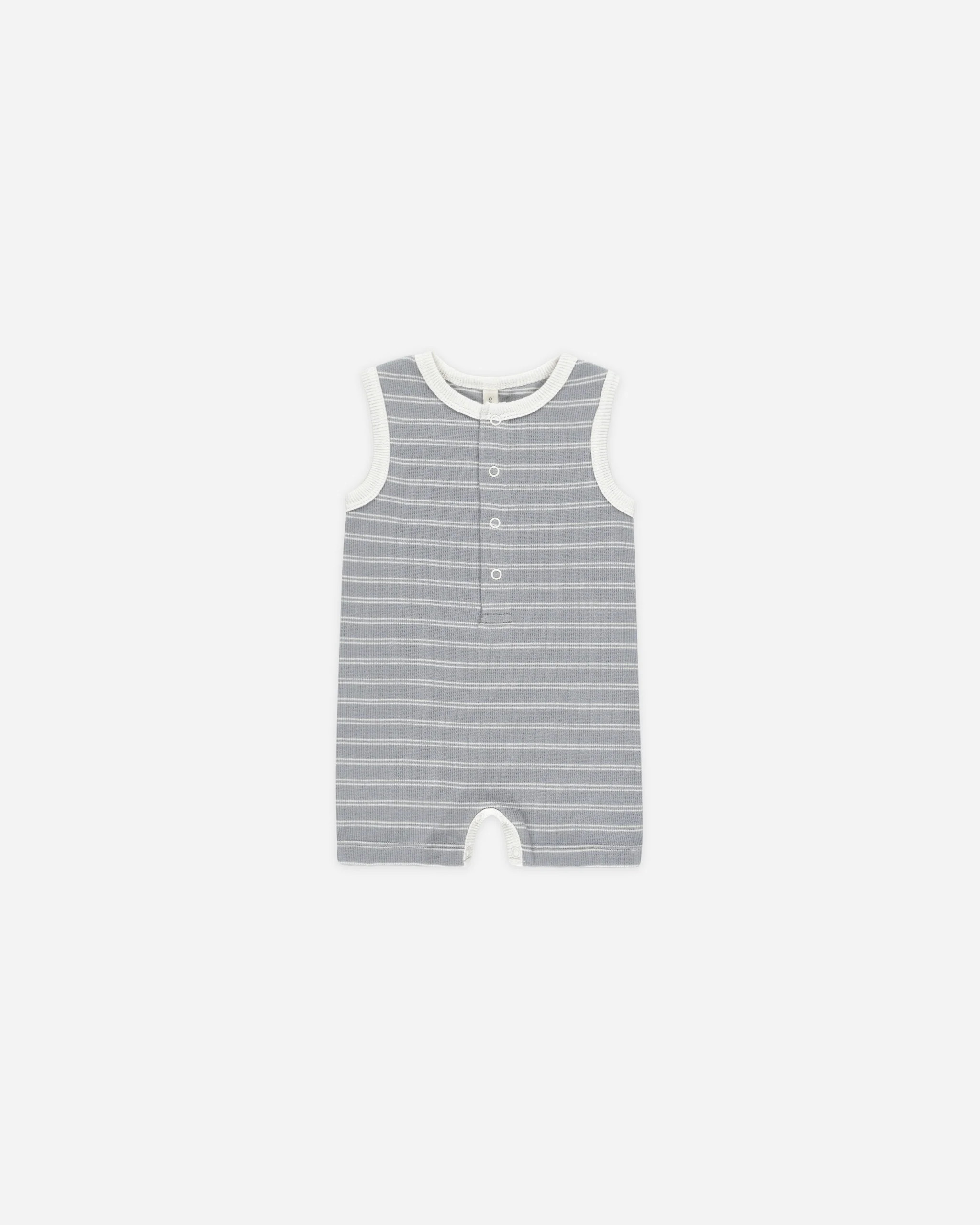 Ribbed Henley Romper || Blue Pinstripe | Rylee + Cru