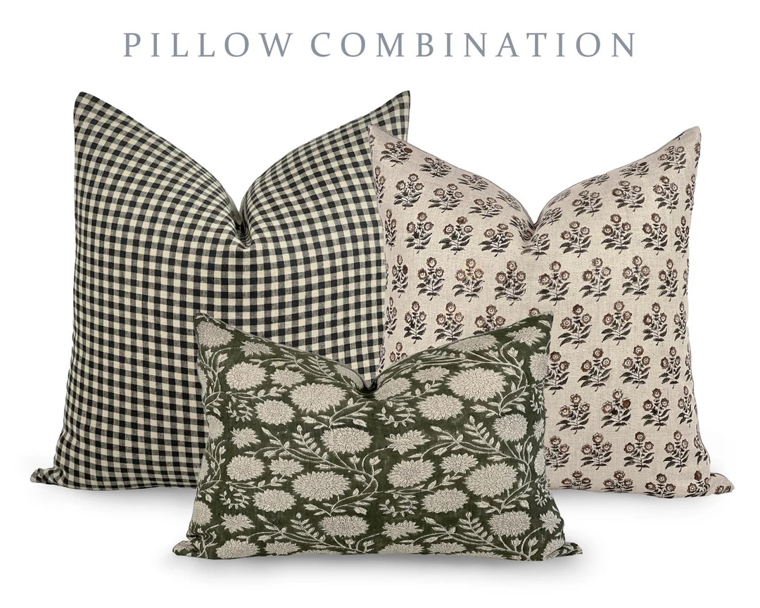 PILLOW COMBO Fall Pillow Combination, Black Gingham Pillow, Brown Floral Pillow, Green Floral, Pi... | Etsy (US)