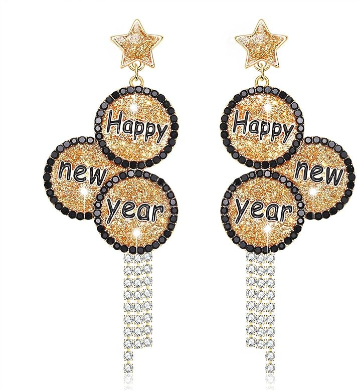 Happy New Year Earring for Women Glitter Rhinestone Star Dangle Earrings Holiday New Year’s Eve... | Amazon (US)