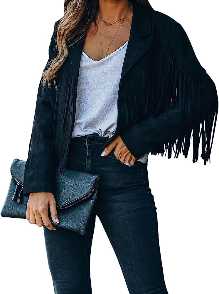 Women Vintage Faux Suede Tassel Cropped Jacket Long Sleeve Fringe Coat Hippie Motorcycle Biker Jacke | Amazon (US)