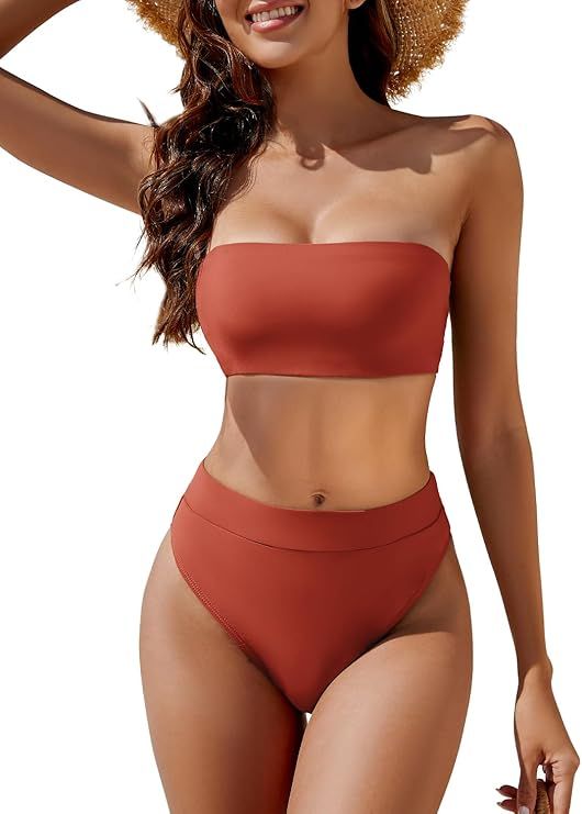 YACUN Women's High Waisted Bikini Swimsuit Two Piece Strapless Bandeau Cheeky Bathing Suits | Amazon (US)