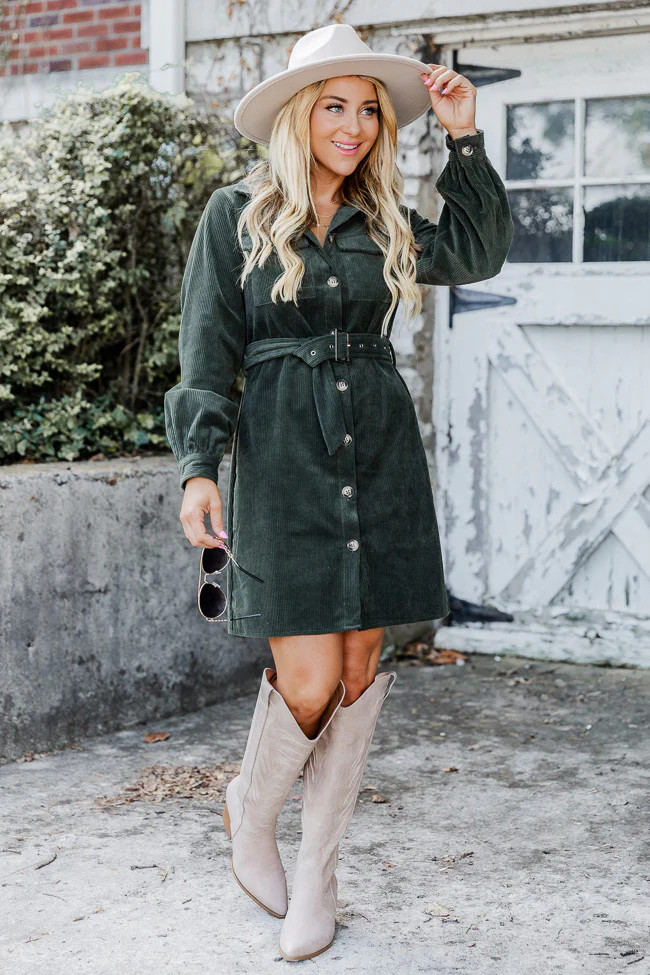 No Expectations Olive Corded Long Sleeve Belted Mini Dress FINAL SALE | Pink Lily