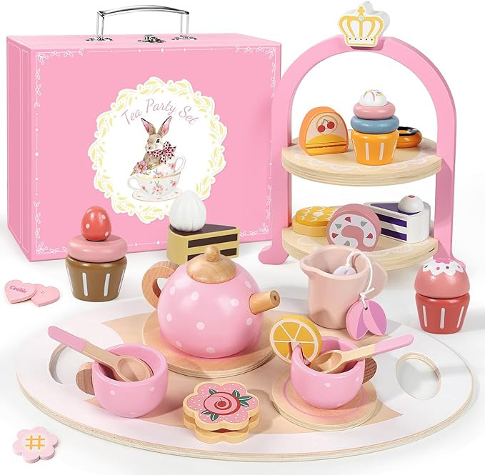 Wooden Tea Party Set for Little Girls, Toddler Girl Gifts Princess Tea Time Toys, Wooden Tea Set ... | Amazon (US)
