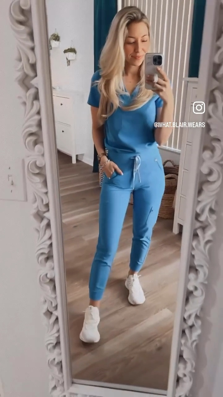 Blue Figs jogger scrubs—My favorite @wearfigs scrubs are still available in the Capri Blue hue! Find this limited edition color on sale in their “Awesome Today, Gone Tomorrow” section, or follow my links to shop this exact scrub set! 

Sizing details: I am 5’3, 110lbs  (25” waist, 36” hips) wearing size XXS Petite High Waisted Zamora Joggers and XXS Catarina top! My wildly comfortable On cloud sneakers run true to size, and I’m wearing my usual 6.5! #LTKSale #LTKFind

#LTKworkwear