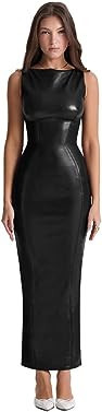 XLLAIS Women's Faux PU Leather Bodycon Maxi Dress Sexy Boatneck Tank Long Dresses | Amazon (US)