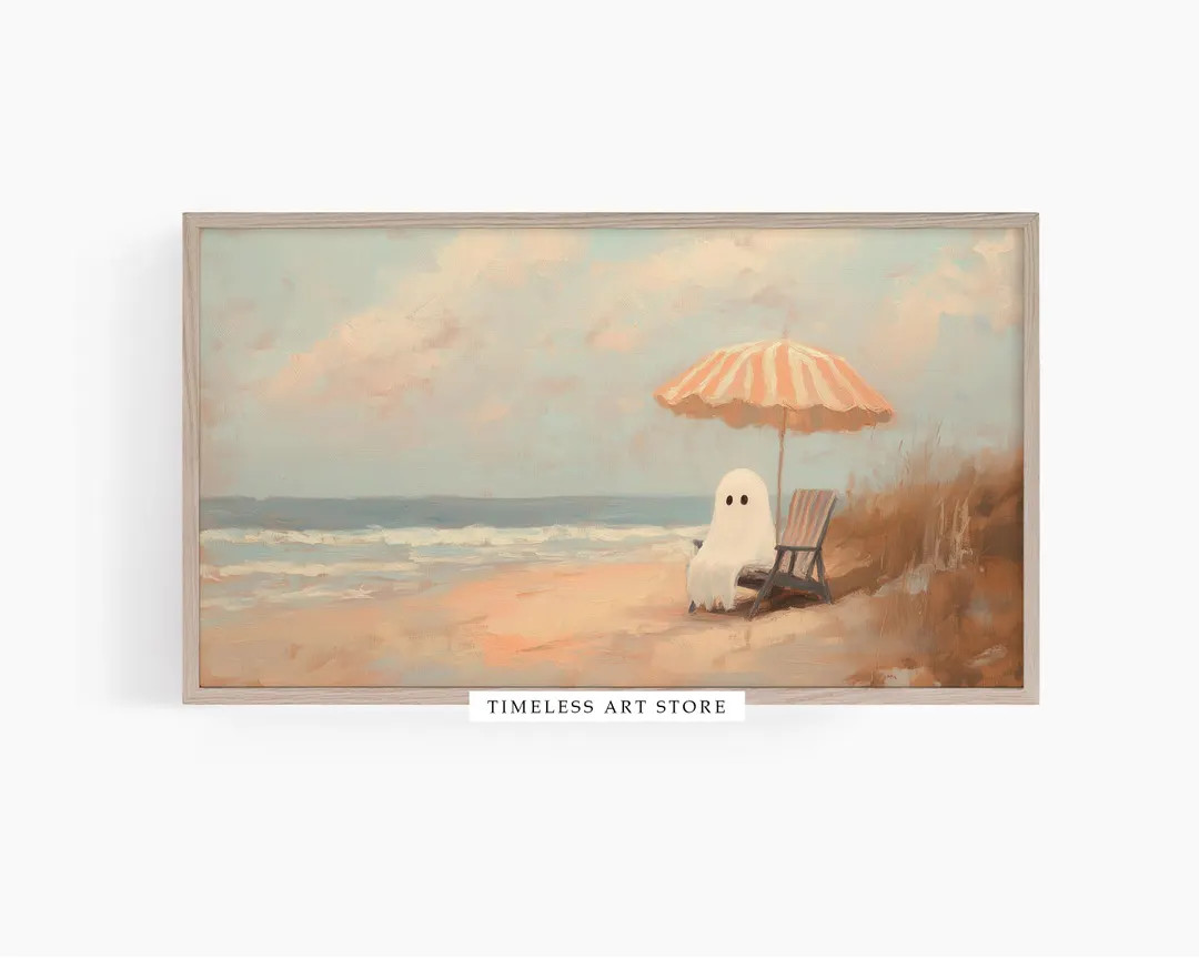 Funny Halloween Samsung Frame TV Art, Cute Ghost Lounging on a Beach Bed, Vintage Style Oil Paint... | Etsy (US)