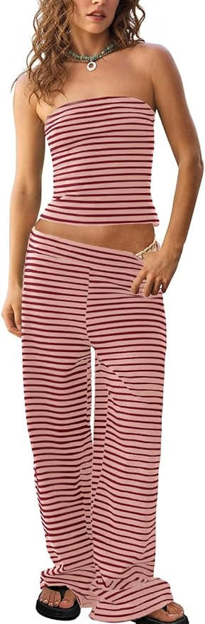 Tankaneo Womens Striped 2 Piece Sets Summer Strapless Crop Tube Tops Wide Leg Pants Matching Loun... | Amazon (US)