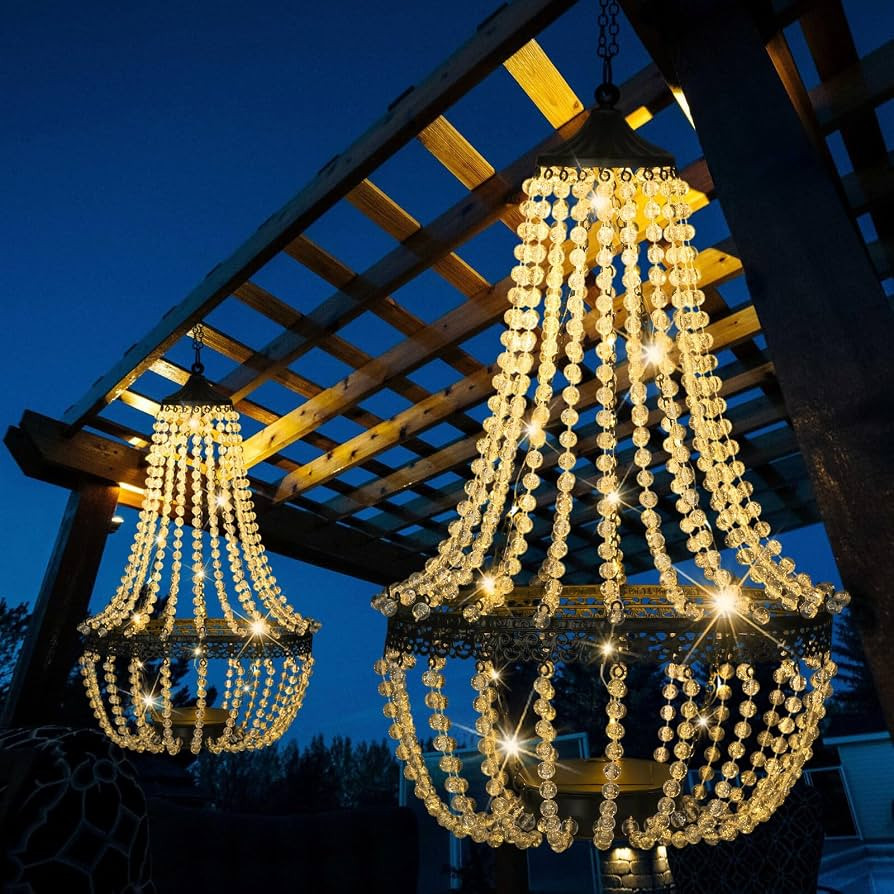 Hanging Solar Lantern Outdoor, 28\u201d Modern Clear Crystal Acrylic Chandelier with 30 Warm Whit... | Amazon (UK)