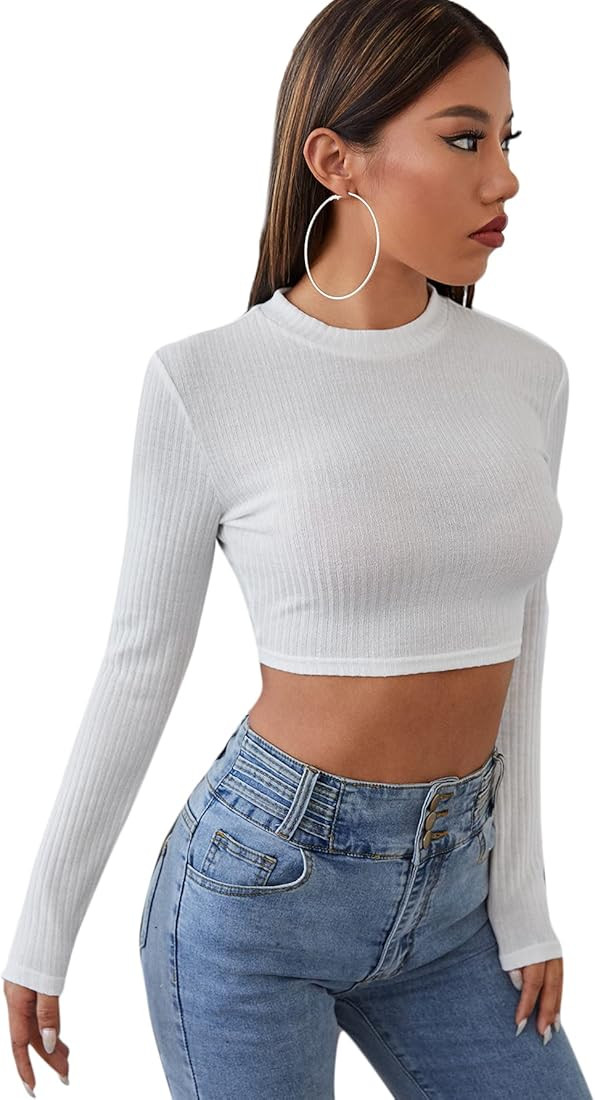 MakeMeChic Women's Long Sleeve Ribbed Knit Solid Basic Tee Shirts Crop Top | Amazon (US)