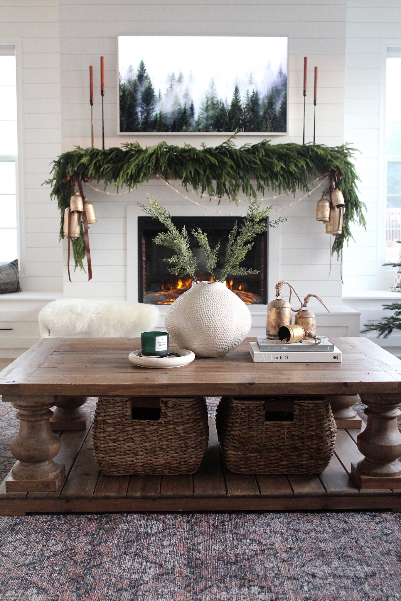 Christmas decor, mantle decor, Norfolk garland, vintage bells, vase, coffee table, rug 

#LTKSeasonal #LTKHoliday #LTKhome