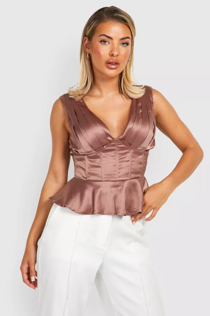 Pleat Front Corset Peplum Top | boohoo (US & Canada)